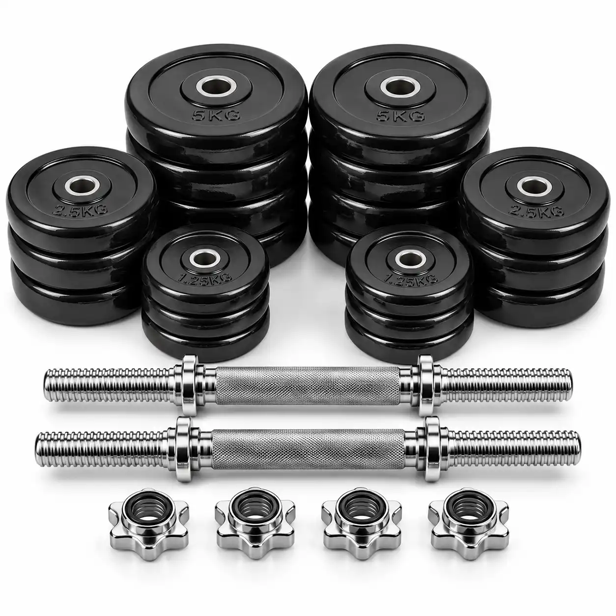 Symmetrical Black Weight Plate and Dumbbell Set